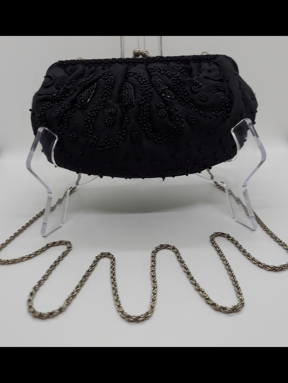 La Regale Black Satin Beaded Convertible Evening Clutch With Chain Strap